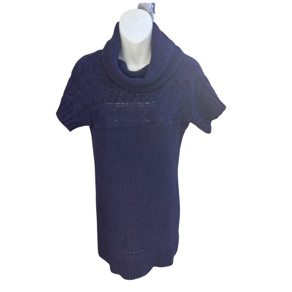 Zara Knit Short Sleeve Cowl Neck Mini Sweater Dress Acrylic Blend Navy Blue M - Picture 2 of 7
